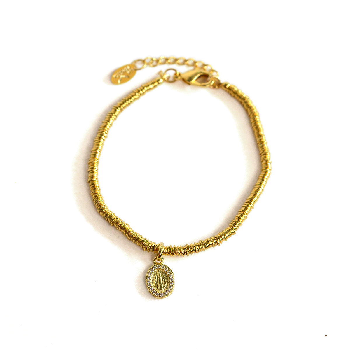 PULSERA MOSTACILLA BAÑO DE ORO Y MEDALLA VIRGEN DE LOS RAYOS CRYSTALES